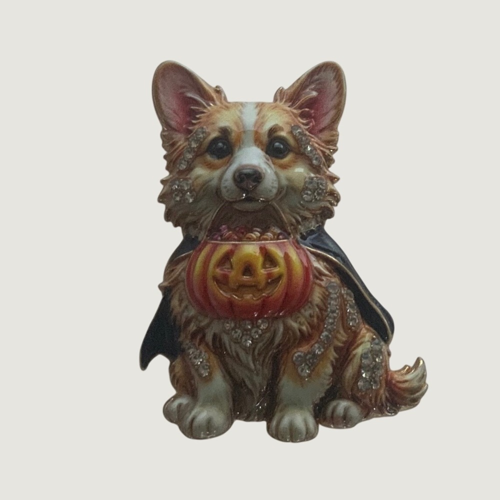 Halloween Corgi Dog Brooch Pin Rhinestone Vampire Pumpkin Jack-O-Lantern Gold